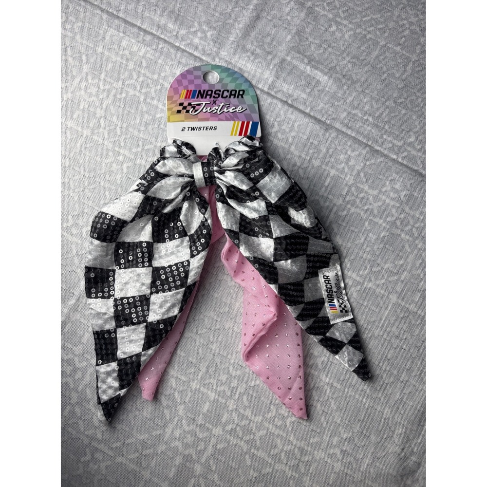 Justice NASCAR Hair Twisters Girls O/S Pink Black Checkered Sequin Bow 2PK Race